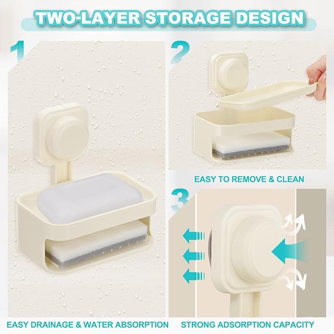uxcell 2Pcs Suction Cup Soap Dish, Removable and Reusable Wall Mounted Double Bar Soap Holder for Shower No-Drilling Sponge Holder for Bathroom Kitchen, Black