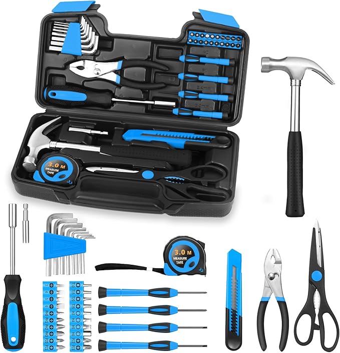39 Piece Basic Home Tool Set Household Tool kit for Home General Repair Small Hand Tool Kit in Toolbox Storage Case for Home Garage Office College Dormitory Use, Blue