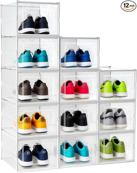 Shoe Storage Boxes, Stack Without Toppling Modular storage boxes combine freely for use in closets, under beds, hallways, and entryways. Space-saving. (Transparent, 12 Pack)
