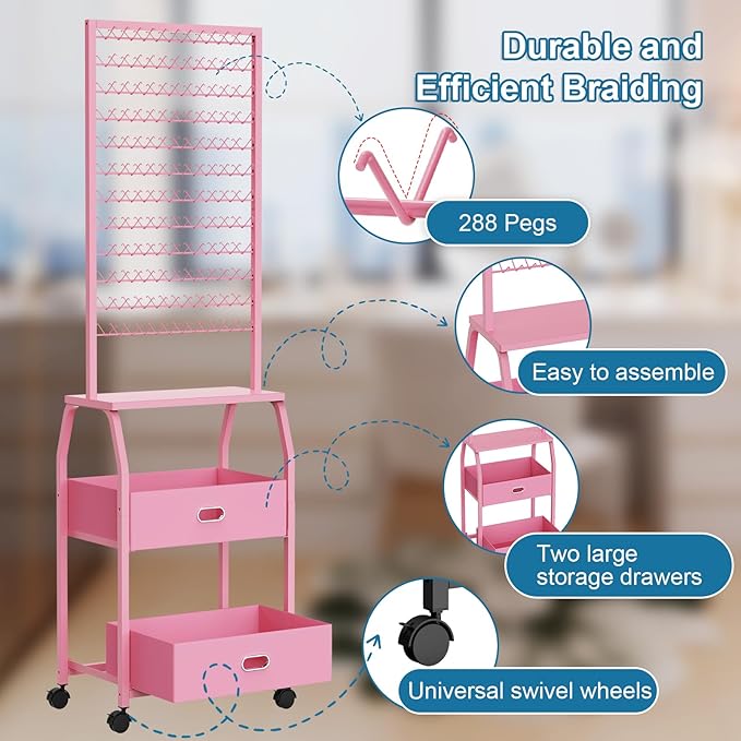 Portable Braiding Hair Rack with Wheels & Storage Drawers,2-Sided 288 Pegs,Hair Extension Holder Hanger for Braiding Hair Separator Stand Display,Hair Rack with Stylist Hair braiding Tools（Pink）