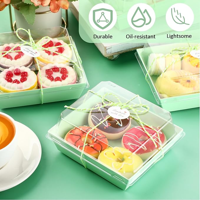 Outus 100 Pack Charcuterie Boxes with Clear Lids, 5.7 x 5.1 '', Mother 's Day Back to School Paper Food Containers Cake Take out Bakery Boxes with Gift Tags Rope for Desserts(Light Green,Classic)