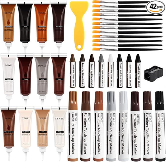 DEWEL Wood Furniture Repair Kit, Upgrade Wood Filler, Furniture Touch Up Markers with Wax Sticks, 42 Pcs Floor Touch Up kit for Scratches, Cracks, Hole, Laminate, Table, Bedposts