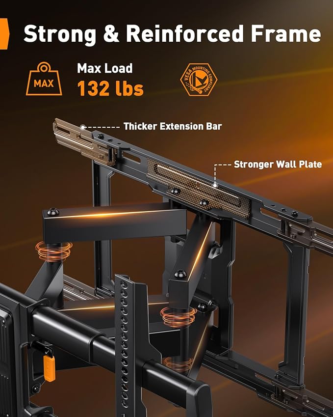 Perlegear Full Motion TV Wall Mount for 42–97 inch TVs up to 132 lbs, Preassembled and Telescopic Design for Easy Setup, Swivel, Tilt and Extension, Fits 16″/18″/24″ Wood Studs, Max VESA 600x400mm