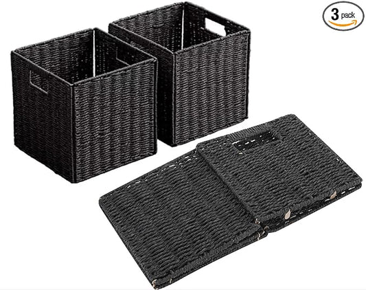 10.5x10.5in Storage Baskets Set of 3 Black Paper Rope Woven Baskets,Foldable Handwoven Storage Cubes,Wicker Cube Baskets Laundry Organizer Totes for Bathroom, Bedroom, Laundry, Pantry, Shelves
