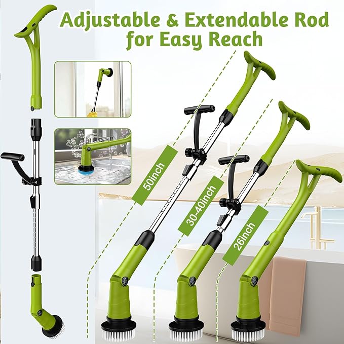 Electric Spin Scrubber, Cordless Cleaning Brush with 8 Brush Heads, 3 Speeds, LCD Display, and Adjustable Extension Handle, IPX7 Waterproof Power Scrubber for Tub Bathroom Floor Tile (Green)
