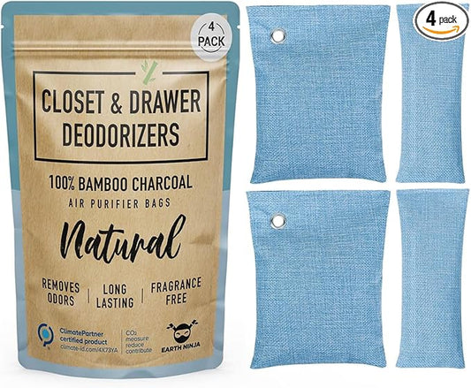 Closet & Dresser Odor Eliminator - Activated Charcoal Odor Absorber for Small Spaces, Air Fresheners for Home, Natural, Non-Toxic Air Freshener for Closet & Drawers - 4 Pack