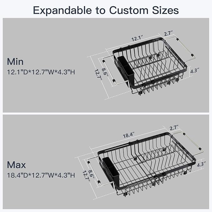 MAJALiS Small Expandable Over The Sink Dish Drying Rack Drainer In Stainless Steel Metal For Kitchen, Counter Space Saving Compact Plate Dryer Strainer Adjustable Hanging Inside Sink Wire Drain Holder