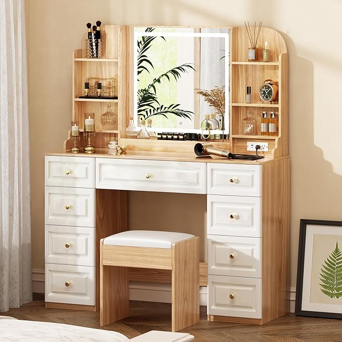43" Makeup Vanity Desk with Mirror and Lights, & Power Outl, Glass Top Big Vanity Table with 9 Drawers& 8 Storage Shelves, Dressing Table Set with Chair for Bedroom, Oak and White