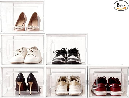 Shoe Storage Boxes, Stack Without Toppling Modular storage boxes combine freely for use in closets, under beds, hallways, and entryways. Space-saving. (Transparent, 6 Pack)