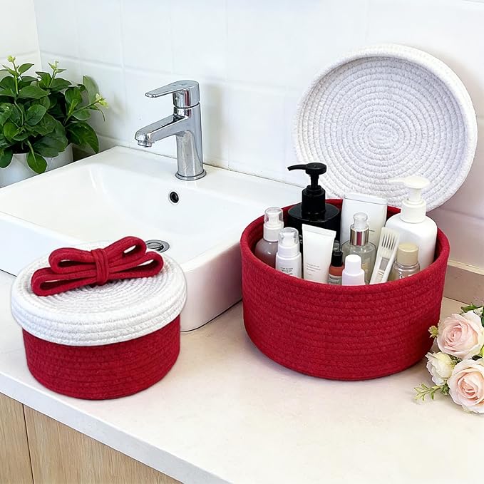 Small Storage Baskets with Lids, Round Woven Rope Basket with Lid; Cute Storage Box for Toy, Gift or Home Decor; Small Decorative Bin with Chic Bow Handle Design (Red)
