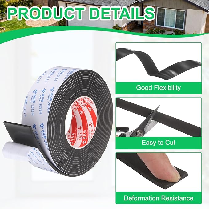 PATIKIL Sponge Rubber Foam Tape, 1 31/32" W x 1/8" t x 16.4ft l Self-Adhesive Foam Insulation Tape Weather Stripping for Window Door Soundproofing Weatherstrip AC Seal Strip, Black