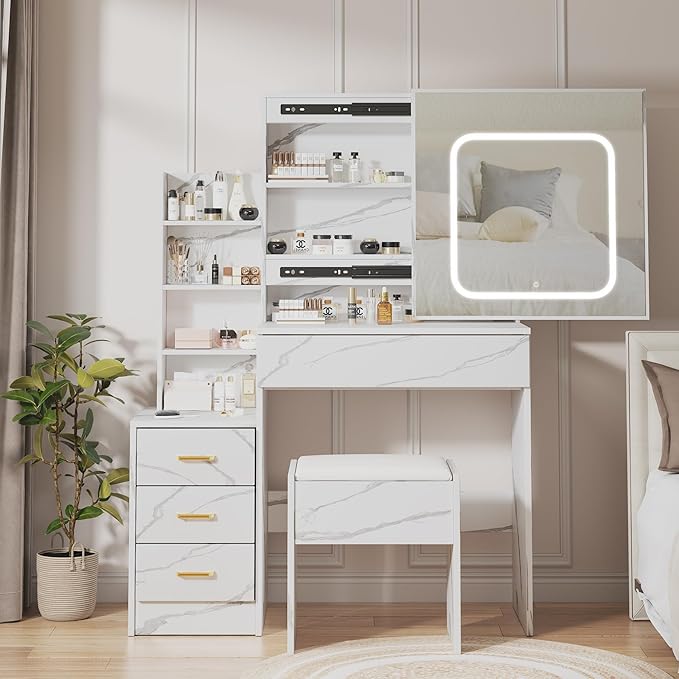 Vanity Desk with Sliding LED Mirror, Makeup Dressing Table with 4 Drawers, Storage Shelves, Power Outlet & Cushioned Stool, Adjustable 3 Lighting Modes, Modern Vanity Set for Bedroom, Marble White