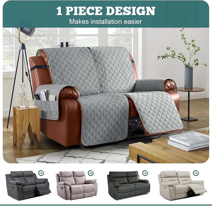Ruaozz Waterproof Recliner Sofa Covers, 1-Piece Reclining Couch Covers Non-Slip Sofa Slipcover Washable Furniture Protector with Elastic Straps Pocket for Kids Pets (Light Grey, XL 2 Seater)