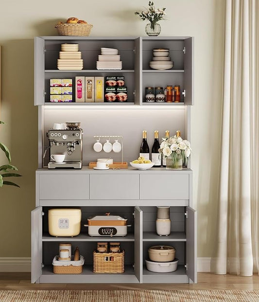71" Tall Kitchen Pantry Cabinet, Adjustable Shelves & Doors and Three Drawers, Microwave Shelf, Coffee Bar with LED Lights & Charging Station, Corner Storage Hutch for Living Room, Gray