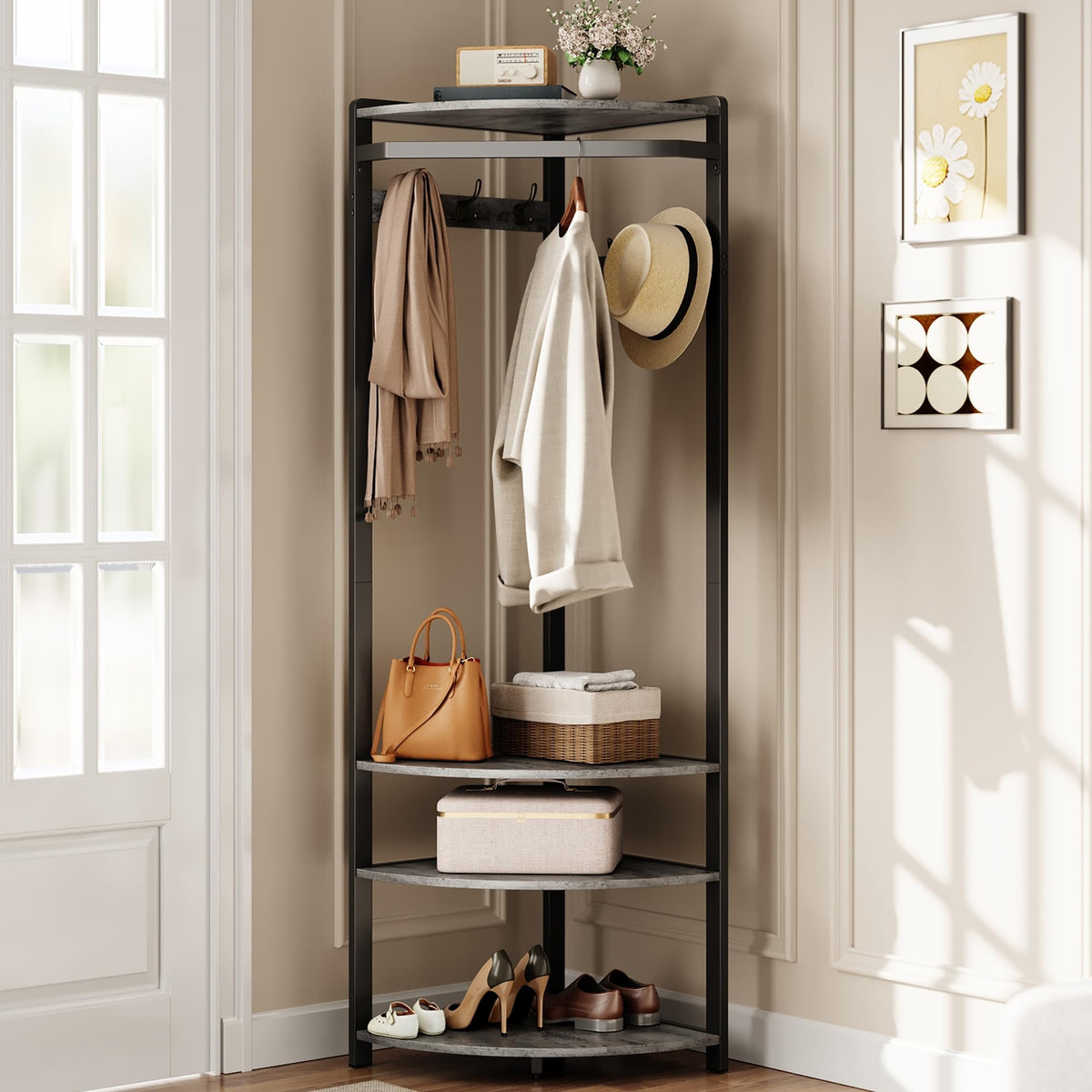 Corner Hall Tree with Shoe Bench & 6 Double Hooks, Space-Saving - Image 1