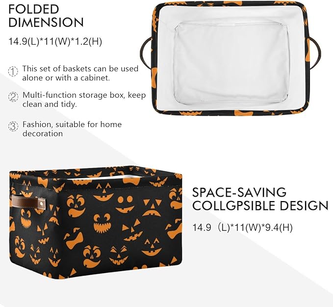 Halloween Basket Cute Halloween Baskets with Handles Collapsible Organizer Box Shelf Storage Baskets for Holiday Home Decor 2PCS
