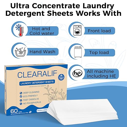 CLEARALIF Laundry Detergent Sheets, Up to 360 Loads, Fresh Linen, liquidless, Eco-Friendly, Zero Waste, Save Space, Travel Laundry Strips for HE Machine