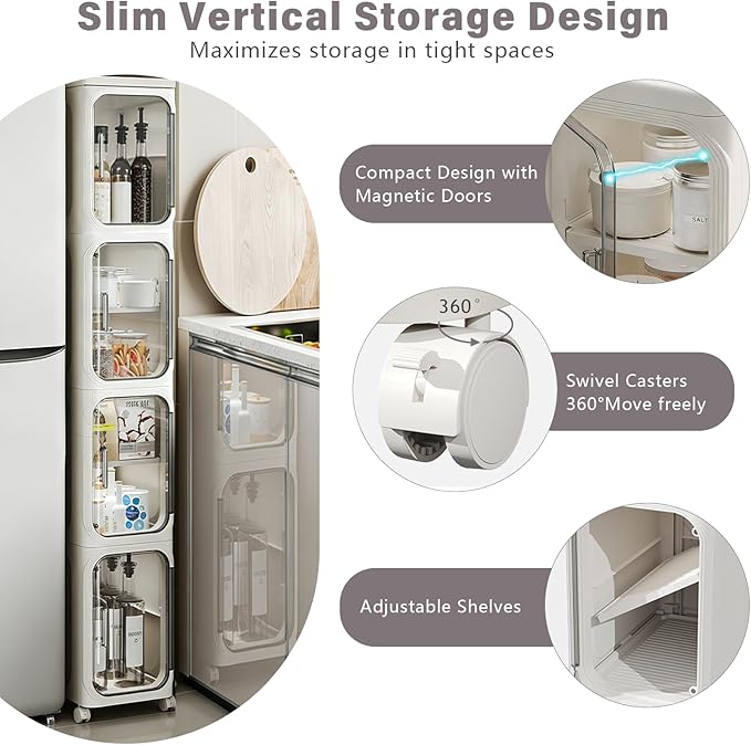 4-Tier Slim Bathroom Storage Cabinet, Narrow Storage Cabinet with Wheels, Adjustable Shelves, Magnetic Doors, Water-Proof, Anti-Tip Skinny Organizer Cabinet for Small Space, Cream White