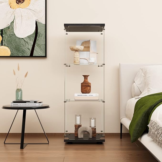 LFT HUIMEI2Y Glass Display Cabinet 3-Shelf with Door and Lock, Curio Cabinets Upgraded Quick-Install Style Tempered Glass Floor Standing Bookshelf for Bedroom, Living Room 49”x 17”x 14” Black