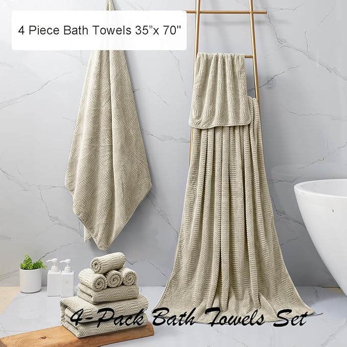 Oliven 4 Pcs Camel Large Bath Towel Set 35"x70" Extra Large Bath Sheets Oversized Jumbo Towels for Bathroom 600GSM Soft Highly Absorbent Quick Dry Beach Chair Towel Woven Towels for Hotel and Spa