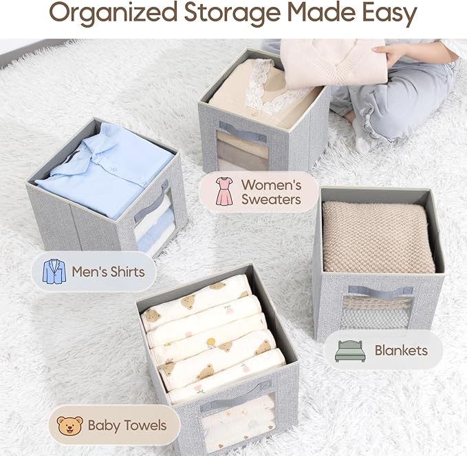 Foldable Storage Cubes - Square Organizer with Window, Decorative Baskets for Organizing, Fabric shelf Basket for Clothes, 11 Inch Closet Storage Cubes, Set of 12, Light Grey