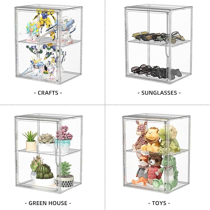 Clear Acrylic Display Case, Super Large Stackable Storage Bins Magnetic Attraction Lids, 3 Pack Acrylic Box with Divider for Collectibles, Figures, Purse, Handbag, Wallet, 11.4x9.84x15.4 inch