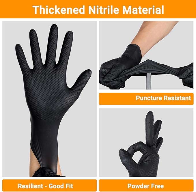 8 Mil Nitrile Gloves for Work, 100 PCS Chemical Resistant Black Disposable Mechanic Gloves for Men & Women Working, Cooking, Cleaning, Gardening, Medium, Heavy Duty, Latex Free