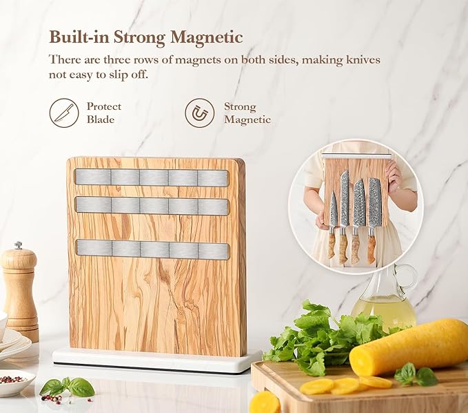 HEZHEN Double-sided Magnetic Knife Holder without Knives, Olive Wood Knife Block for Kitchen Counter, Space-saving Knife Storage, Strong Enhanced Magnets Strip, Non-slip Marble Base