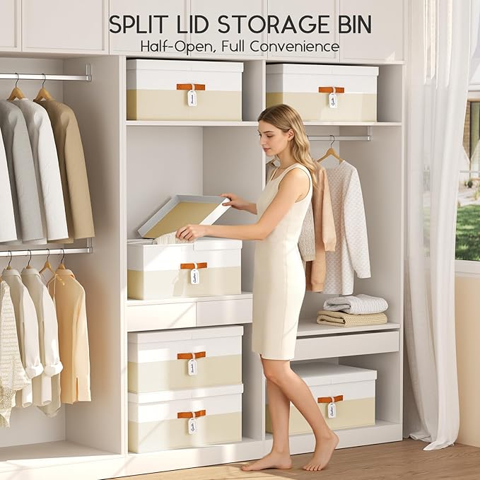 Extra Large Storage Bins - 3 Pack Closet Storage Boxes with Double-Open Lid & Divider Board, Stackable Colthes Storage Organizer, Fabric Basket with Label Tag for Home, Laundry