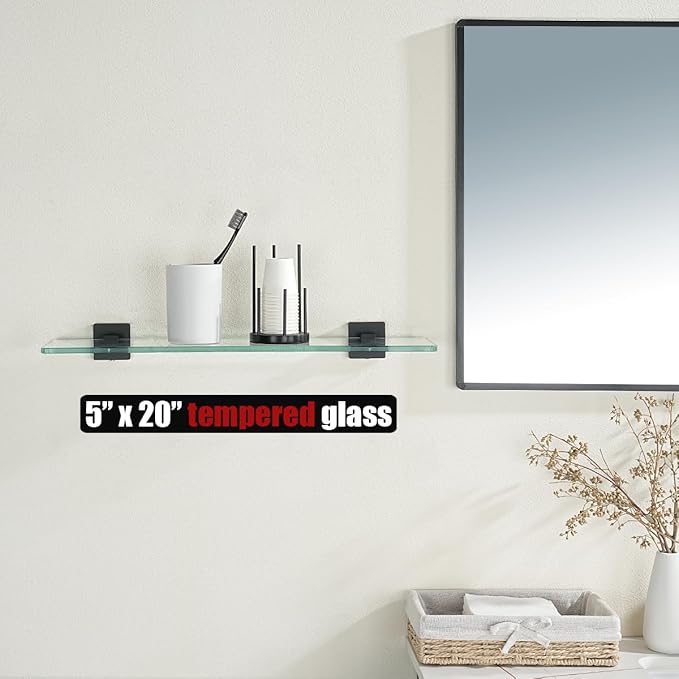 JQK Bathroom Glass Shelf Black, Tempered Glass Shower Storage 20 by 5 inches, 304 Stainless Steel Matte Black Wall Mount, TGS201L20-PB