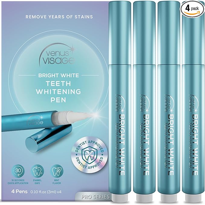 Venus Visage Teeth Whitening Pen, 40+ Uses - Teeth whitening Gel with Professional Formulation and Ingredients - Best Teeth Whitener Overnight and No Tooth Sensitivity (Mint) (0.10 Fl Oz (Pack of 4))
