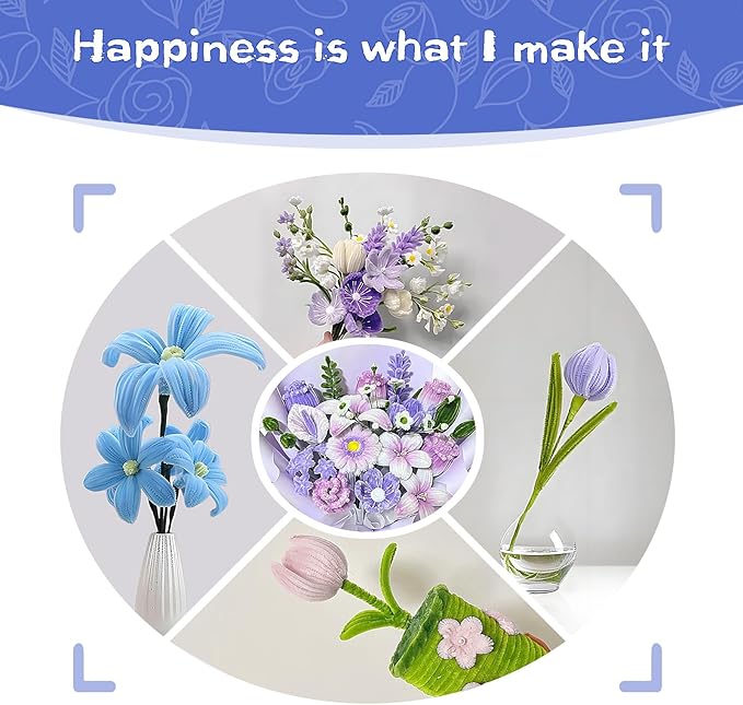 500PCS Pipe Cleaners Craft for Flower - 5 Assorted Colors Chenille Stems Pipe Cleaners Bulk 25sturdy floral stems, 200Stamens, Ribbon, Glue Sticks & Pearls for DIY Bouquets & Home Decor(Blue)