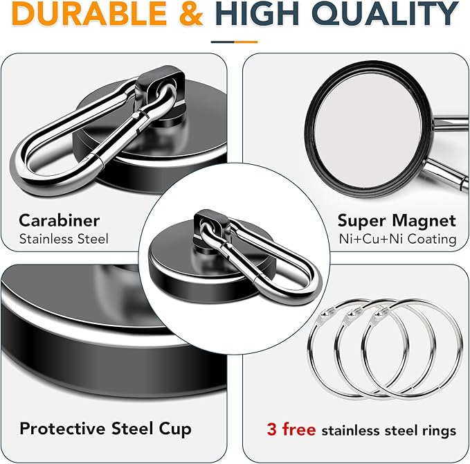 MIKEDE Magnetic Hooks Heavy Duty, 150LB Strong Swivel Neodymium Magnets with Magnetic Carabiner Hooks, Black Powerful Magnet Hooks for Hanging, Cruise Ship, Curtain, Home, Workplace - 6 Pack