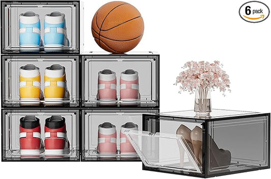Shoe Storage Boxes Organizers Clear Acrylic Stackable 6 Pack, Shoe Rack & Holder Substitute, Sneaker Containers, Toy Storage Organizer Bins for Entryway, Closet, Under Bed (Black, L)