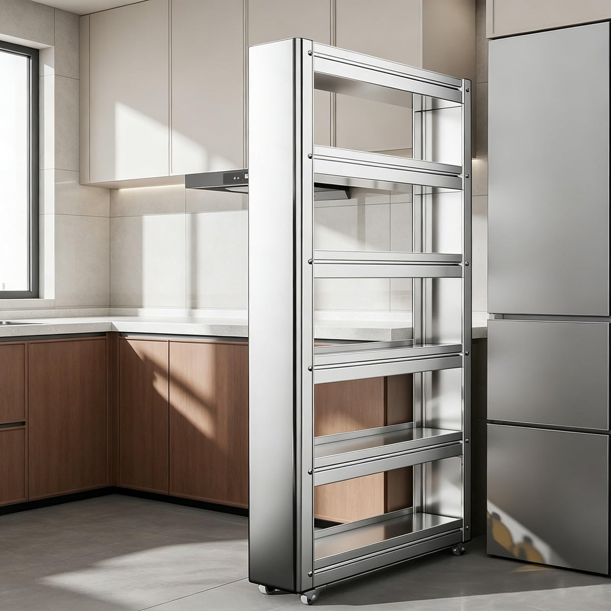 Slim Storage Cart, Stainless Steel Pull Out Organizer with Wheels - Image 1