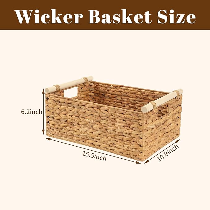 Wicker Storage Basket with Handles 15.5x10.8x6.2 Inch, Natural Woven Storage Baskets for Shelves Organization, Decorative Basket for Kitchen, Bathroom, Living Room Decor, Farmhouse Home Decor