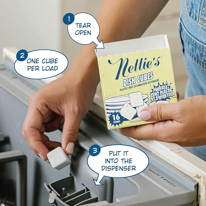 Nellie’s Dish Cubes – 64-Pack (4 Boxes of 16 Cubes) – Compact Dishwasher Detergent – Space-Saving, Plastic-Reduced Packaging – Tough on Grease and Grime – Made in Canada