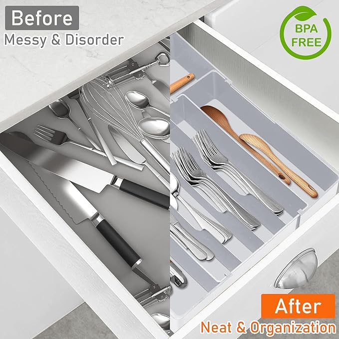 Large Kitchen Silverware Organizer - Expandable 17.2" x 17.9" Adjustable Drawer Tray, 4-7 Compartments for Maximum Storage, BPA-Free, Grey,L
