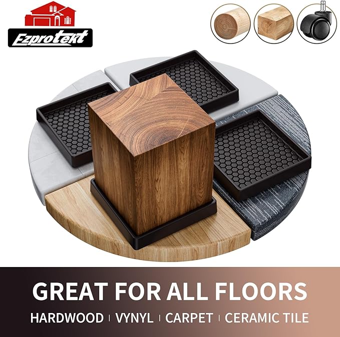 Ezprotekt 3x3” Square Rubber Anti Slip Furniture Pads Coasters for Hardwoods Floors, 4 Pcs Non Slip Furniture Caster Cups Floor Protectors for Sofa Couch Bed Stoppers to Prevent Sliding (Brown)