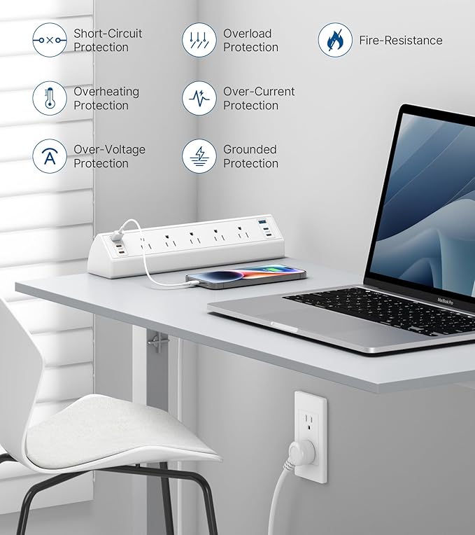 Desk Clamp Power Strip USB C,75W Total Fast Charging Station,45W and 30W USB-C Ports,Desk Edge Mount Power Strip 6-USB Ports,5 AC Outlets Tabletop Surge Protector,Fit 1.6" Tabletop Edge,White