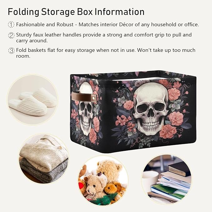 Halloween Basket Black Rose Skull Baskets with Handles Collapsible Organizer Box Shelf Storage Baskets for Holiday Home Decor 2PCS