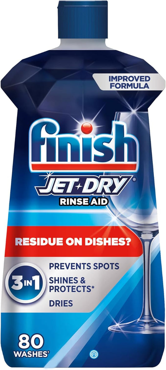 Finish Jet-Dry Dishwasher Rinse Aid, Compatible with Dishwasher Detergent, Prevents Spots & Residues, Dries, Shine & Protects, 8.45 oz, 80 Washes.