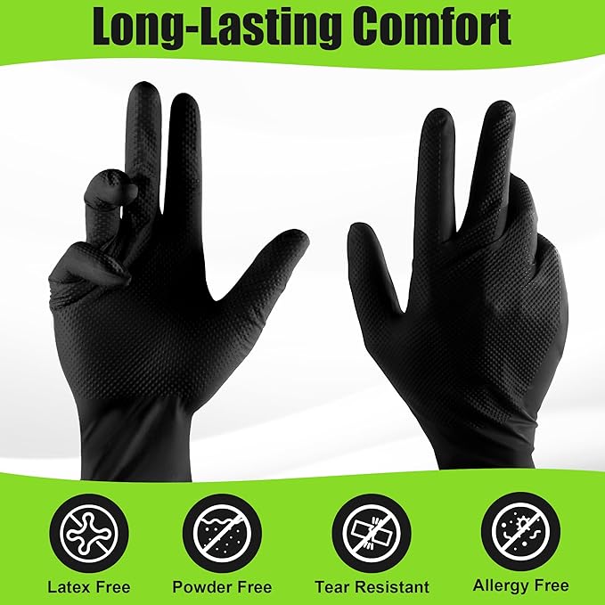 TREEGO 10 Mil Black Nitrile Gloves Heavy Duty — Diamond Texture Grip, Latex Free Disposable Mechanic Gloves, X-Large, 50 Count