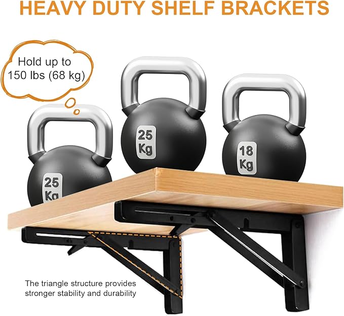 Storystore Folding Shelf Brackets - 18 Inch Heavy Duty Metal Collapsible Shelf Bracket for Bench Table, Shelf Hinge Wall Mounted Space Saving DIY Bracket, Max Load: 150 lb (4 PCS, Black)