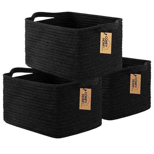 COMFY-HOMI 3PACK Cotton Rope Woven Basket With Handles for Shelves, Toy, Book, Cloth Storage Basket for Organizing|13.5" x 11" x 9.5" For Living Room（all Black）