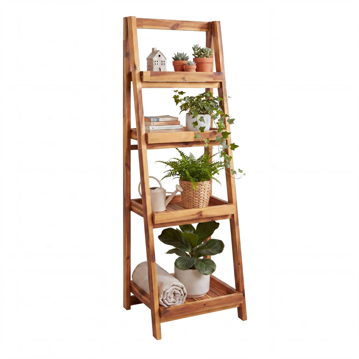 happimess Everett Ladder Shelf 4-Tier Folding Acacia Wood 48" - Image 1