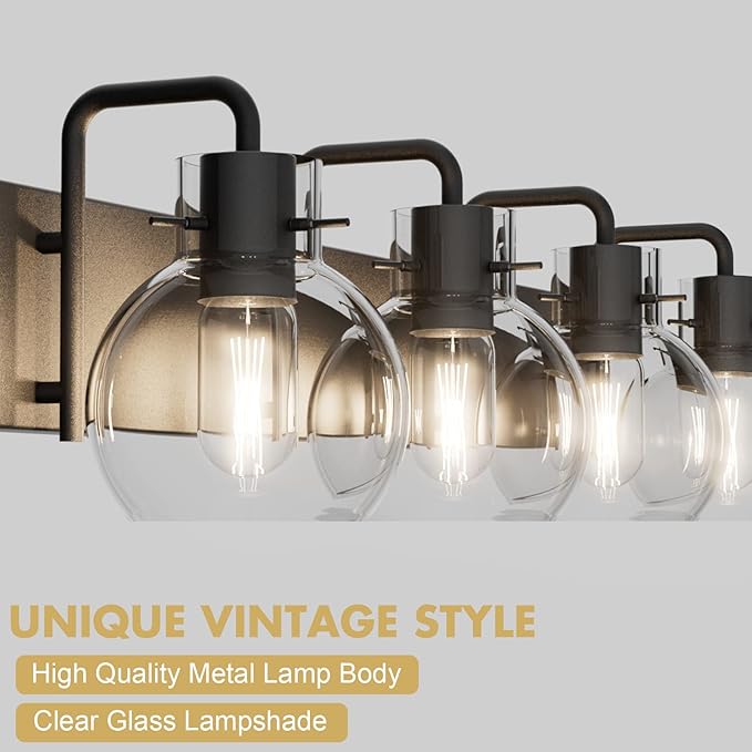 Tipace Black Industrial Bathroom Vanity Light Fixtures Over Mirror Glass Globe 4 Lights Vintage Vanity Lights Farmhouse Bath Lighting(Exclude Bulb)