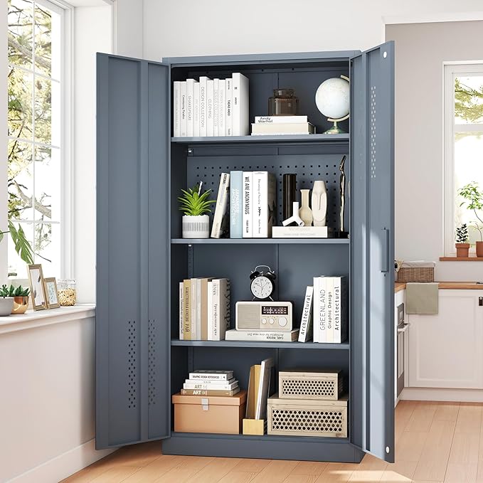72" H Metal Storage Cabinet, Garage Storage Cabinet with 2 Doors and 4 Adjustable Shelves, Tall Lockable Cabinet for Kitchen, Office, Home or Garage（Grey）