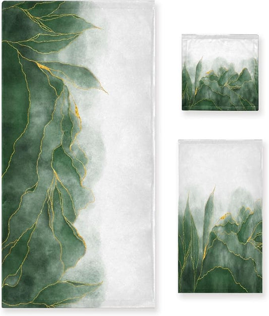 3 Piece Ombre Green Leave Bath Towels Set,Microfiber Absorbent Emerald Green Gold Marble Texture Towels for Bathroom,1 Bath Towel,1 Hand Towel,1 Washcloth,Modern Decorative Bathroom Towels