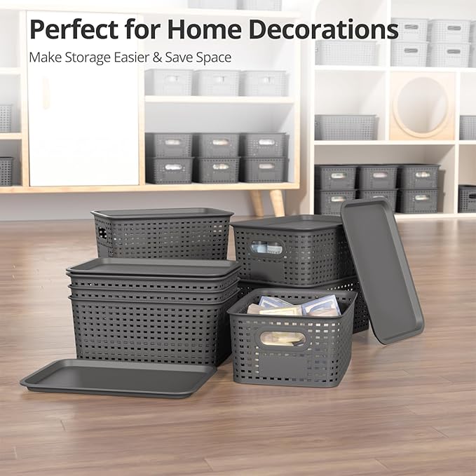 Plastic Storage Basket with Lids, Stackable Small Box Bins for Organizing and Containers for Shelves Drawers Desktop Closet Playroom Pantry Classroom Office Home, 8 Pack 10.2x7.2x4.1 Inch, Gray